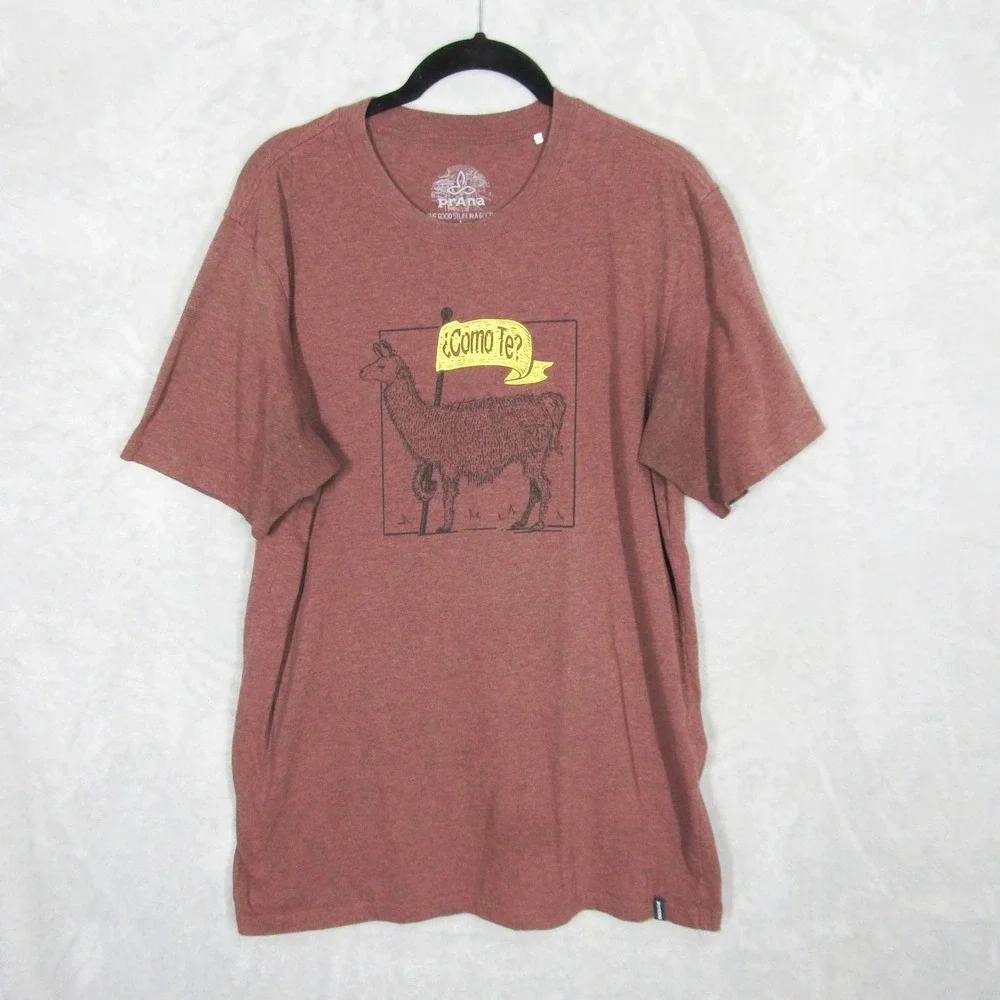 prAna Mens Llama Graphic T-Shirt Large Como Te Llama Heathered Rust Brown